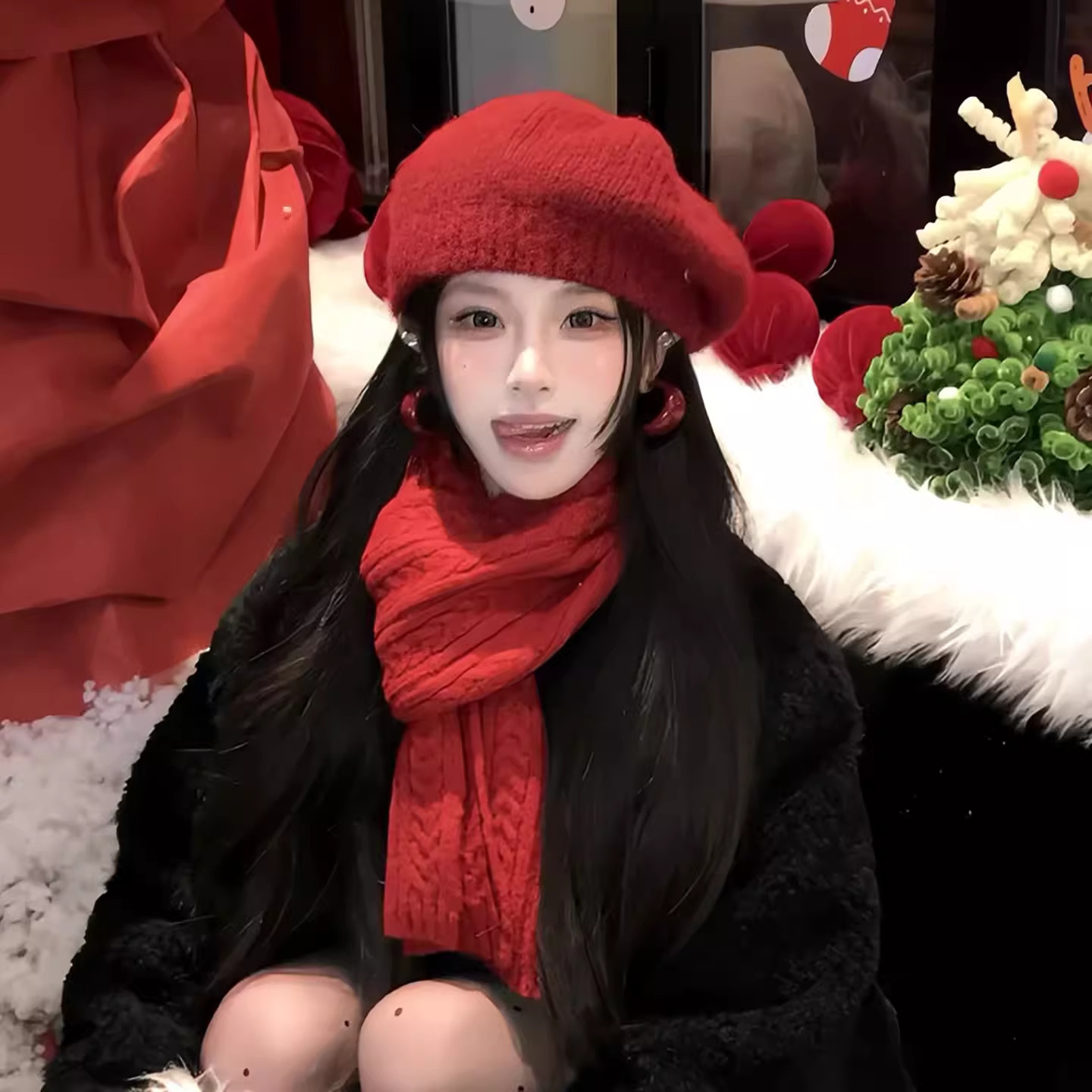 本命年新年红两件套时髦麻花围巾帽子女冬季保暖加厚氛围感贝雷帽