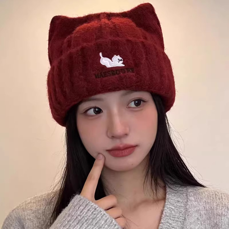韩系甜美猫耳针织帽女秋冬保暖帽