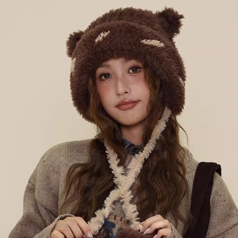 日系甜美可爱小熊毛绒帽子秋冬季保暖加厚护耳毛线帽子绑带针织帽