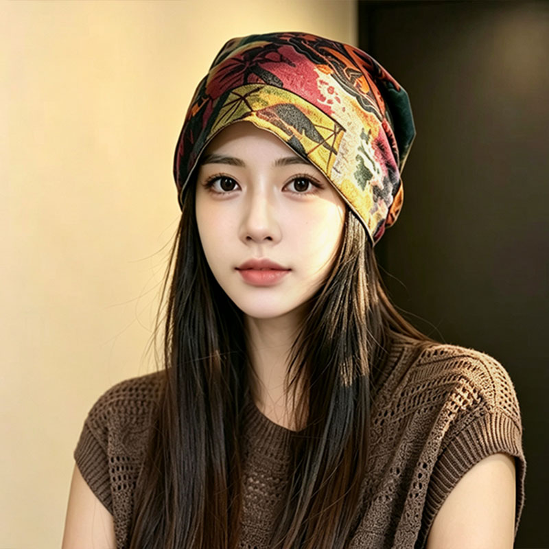波西米亚复古印花双面堆堆帽女