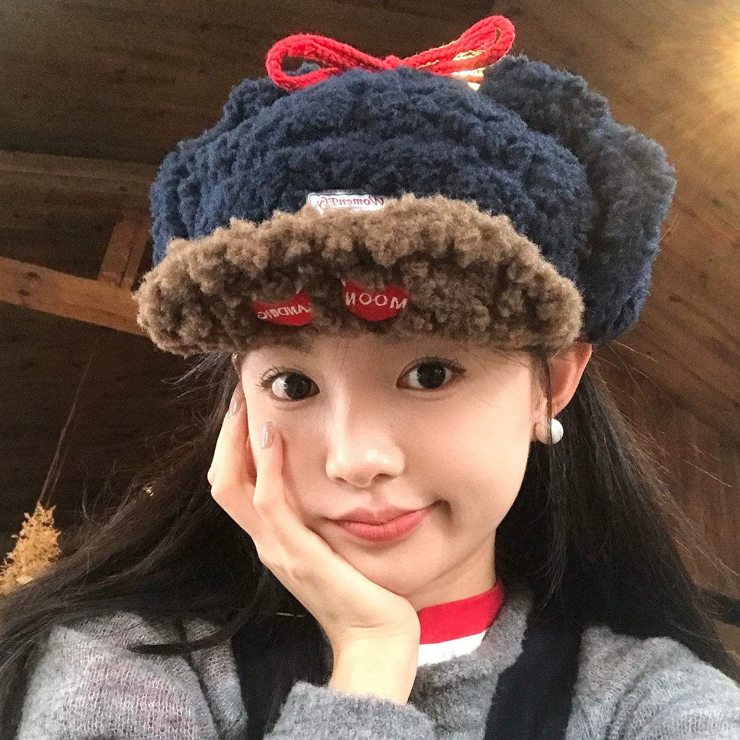 韩系多巴胺可爱毛绒雷锋帽女款冬季加厚保暖护耳帽子羊羔绒飞行帽