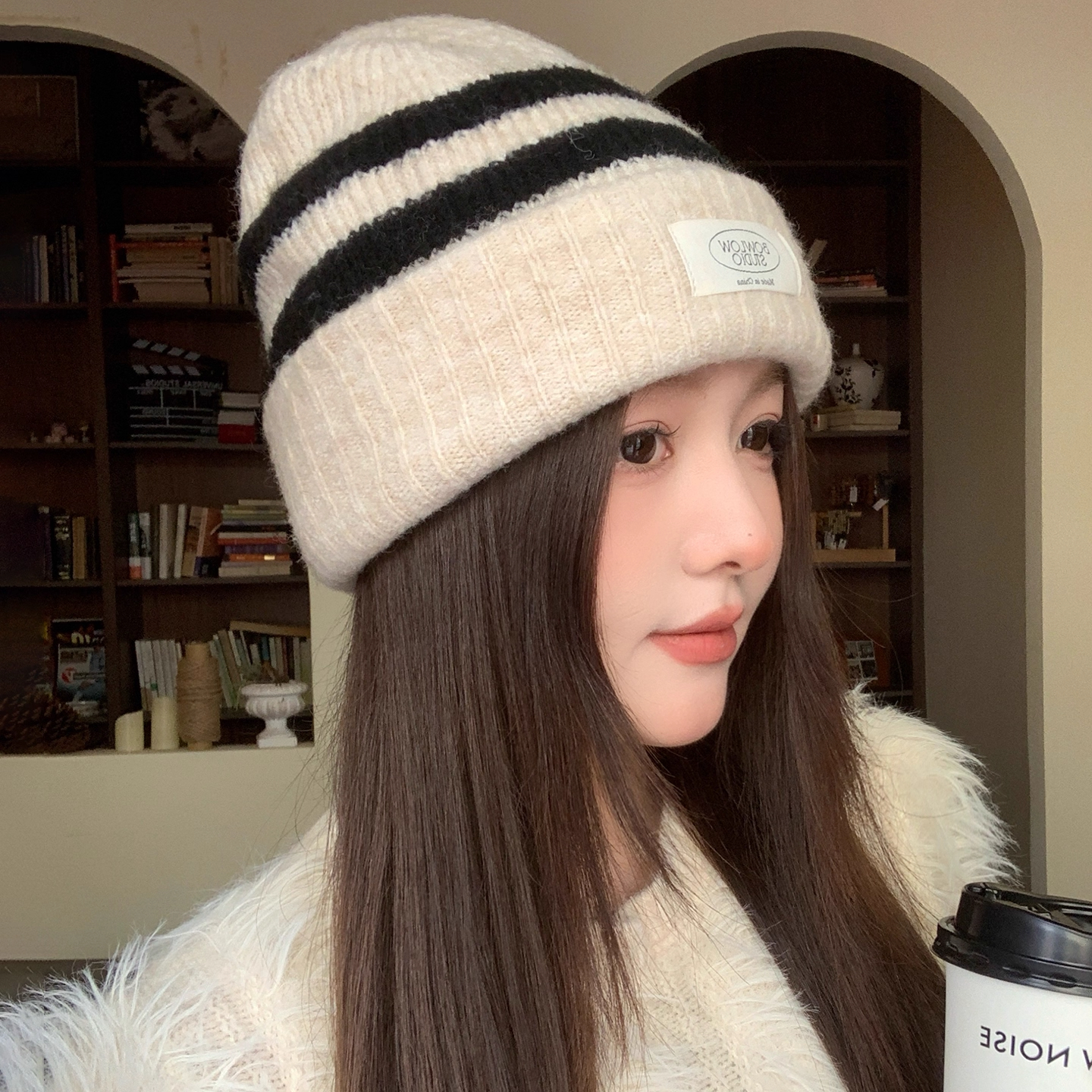 韩版简约时尚条纹针织帽子女秋冬防寒保暖大头围护耳显脸小包头帽