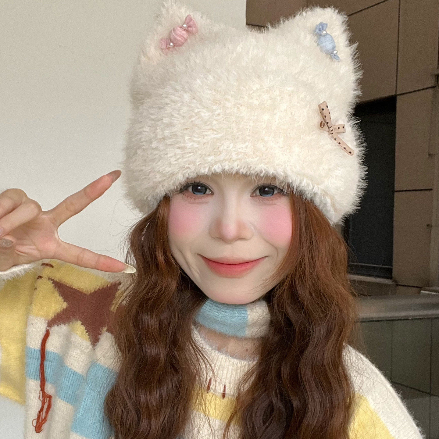 韩系毛绒猫耳保暖护耳帽显脸小