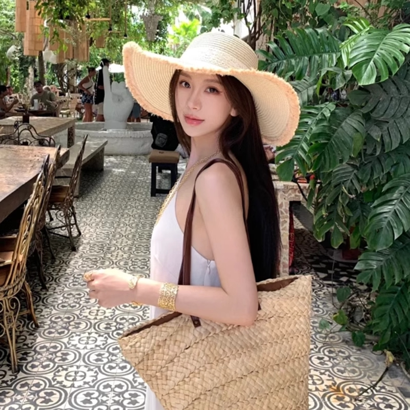 蕾丝蝴蝶结草帽女夏季法式大帽檐
