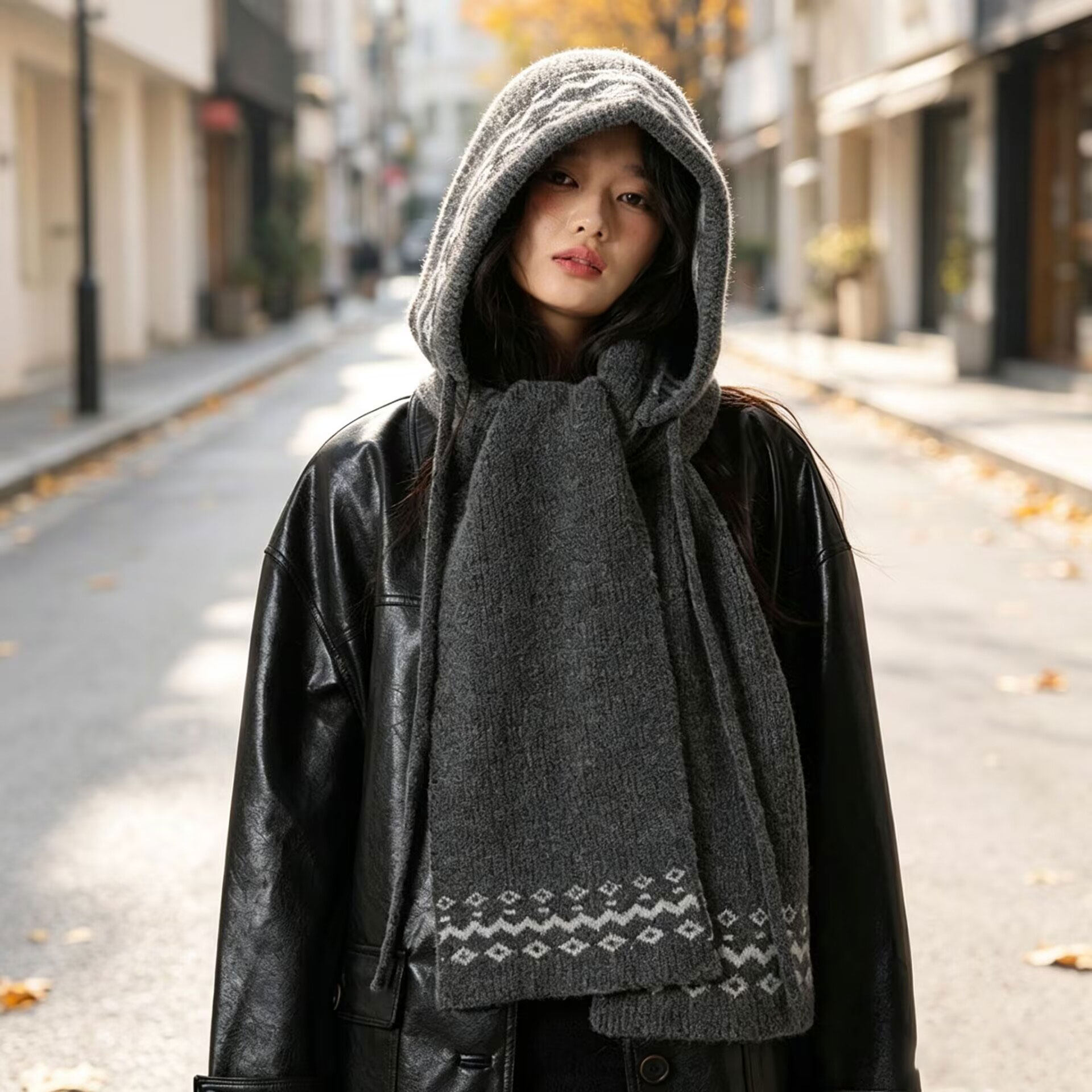 秋冬保暖英伦风连帽围巾帽女款