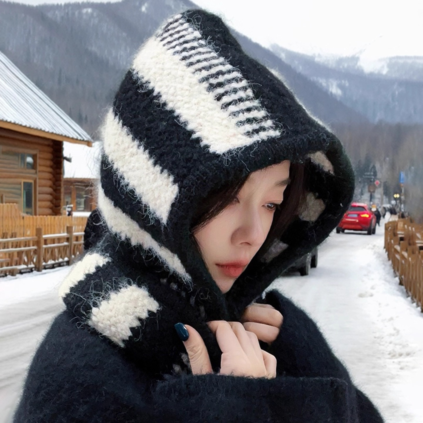 韩版简约条纹巴拉克拉法帽子女冬季加厚保暖防寒围巾一体套头帽潮
