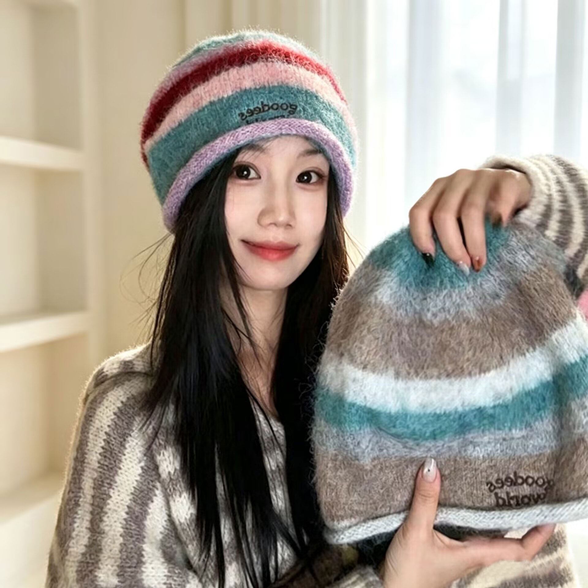 秋冬保暖显脸小条纹针织堆堆帽女