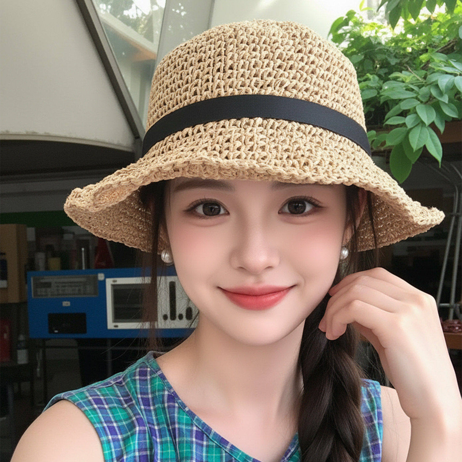 日系简约镂空草编防晒渔夫帽女