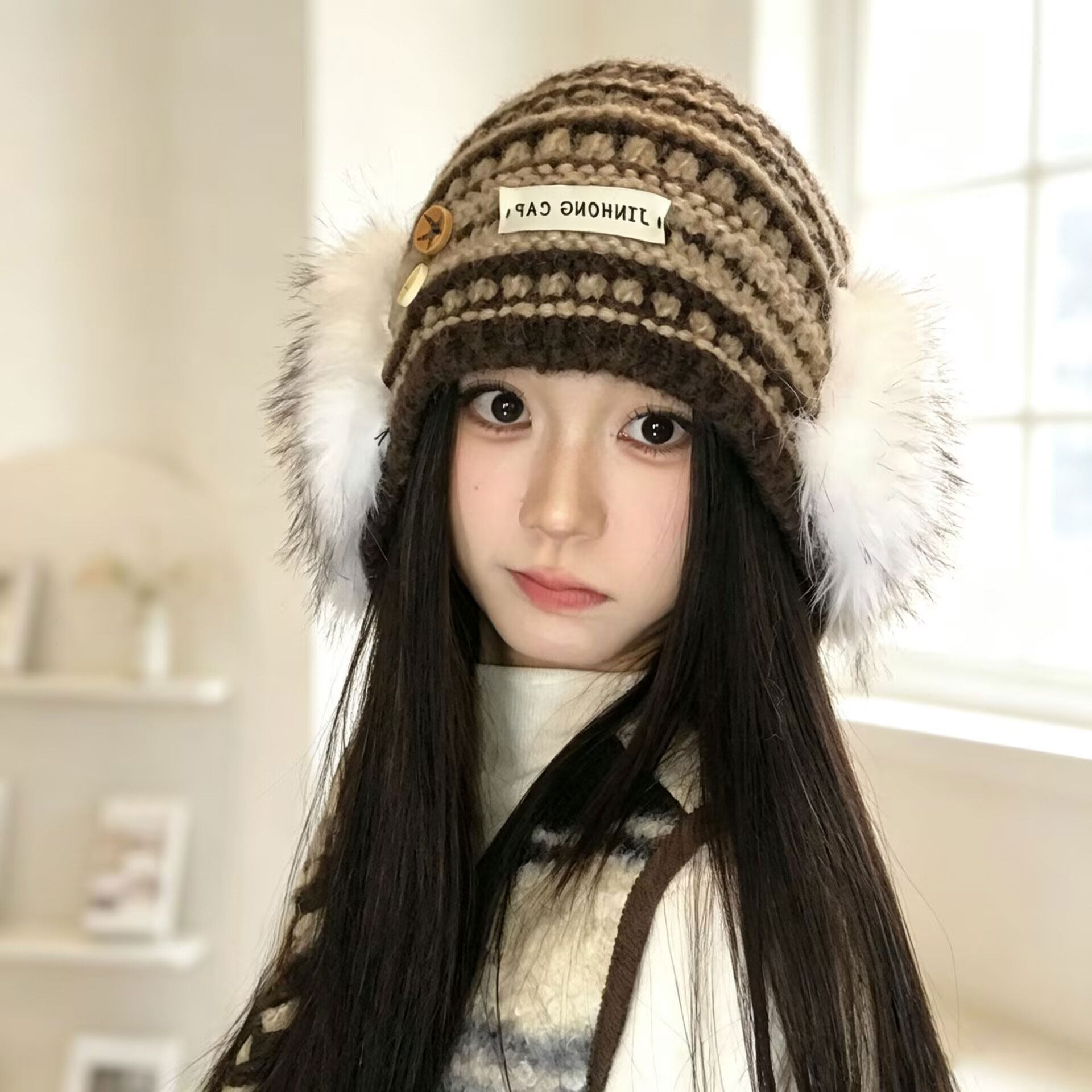 复古流苏毛绒针织帽女秋冬韩版百搭大头围包头帽保暖防寒护耳帽子