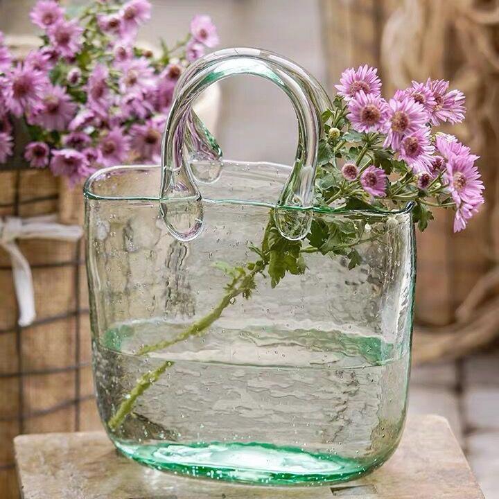 创意玻璃手提包花瓶高级设计感摆件水培植物摆件插花玻璃提篮鱼缸
