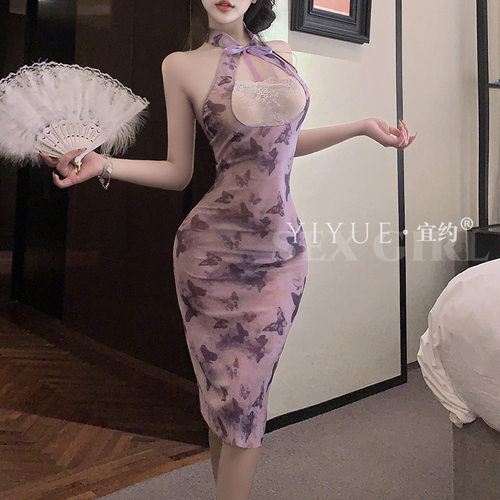 蝴蝶印花挂脖薄透中长旗袍裙