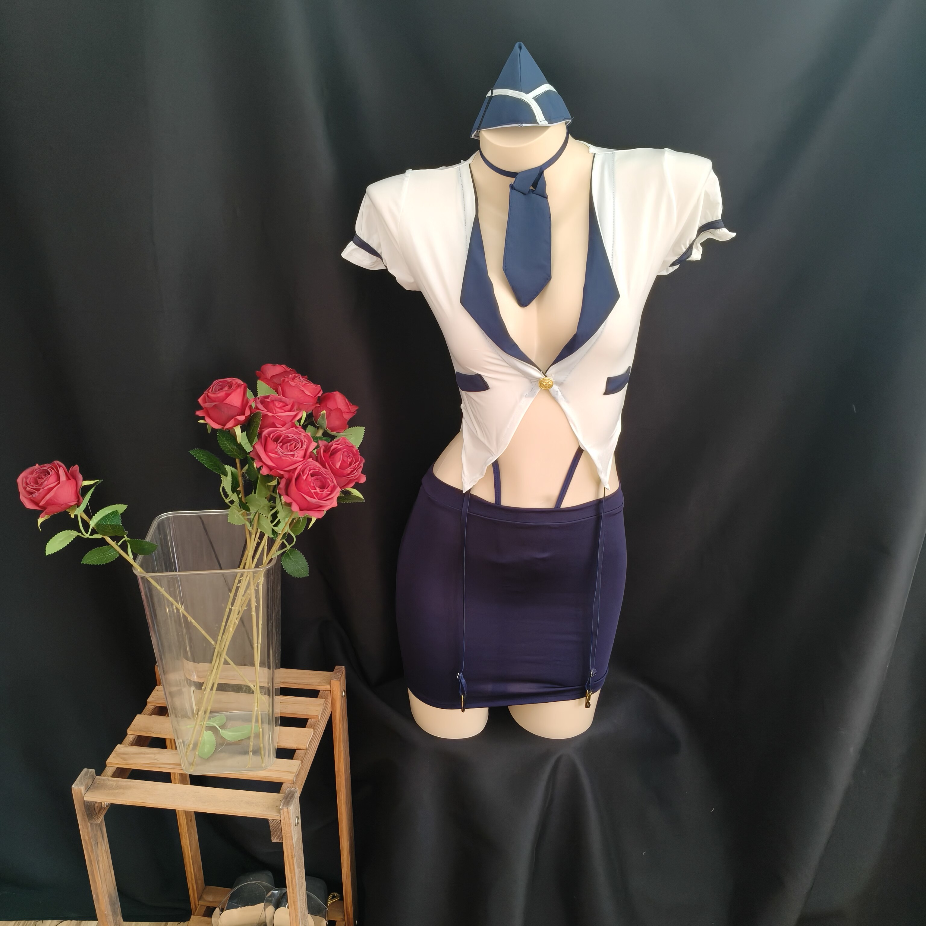 夜叙衣深V吊袜带空姐制服套装