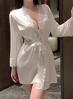 性感前缘家居服柔滑缎面网纱蕾丝花边欲袍腰带三点式睡衣套装女