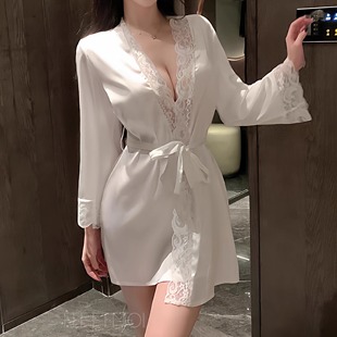 性感前缘家居服柔滑缎面网纱蕾丝花边欲袍腰带三点式睡衣套装女