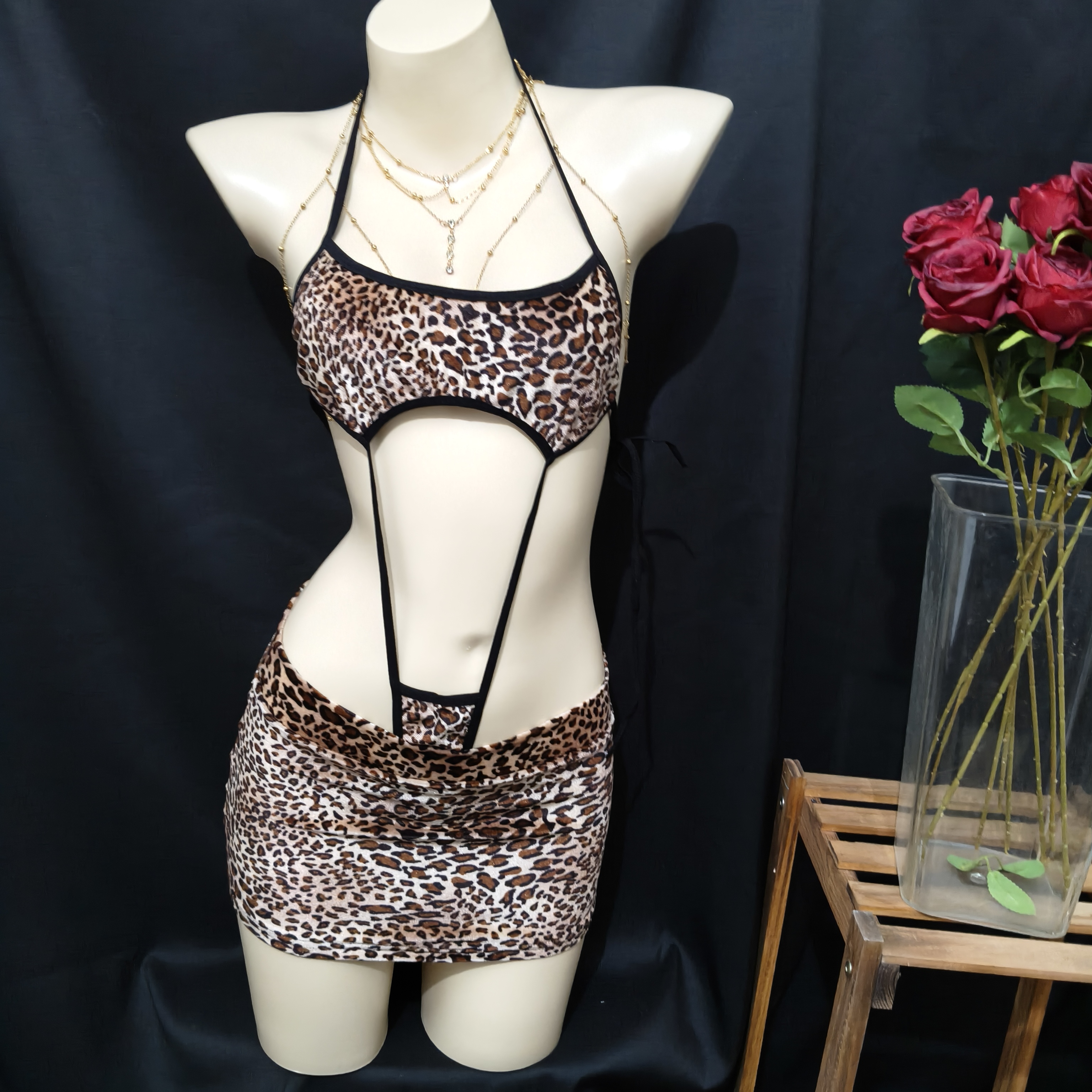 豹纹丝绒夜店风冷艳狂野御姐套装