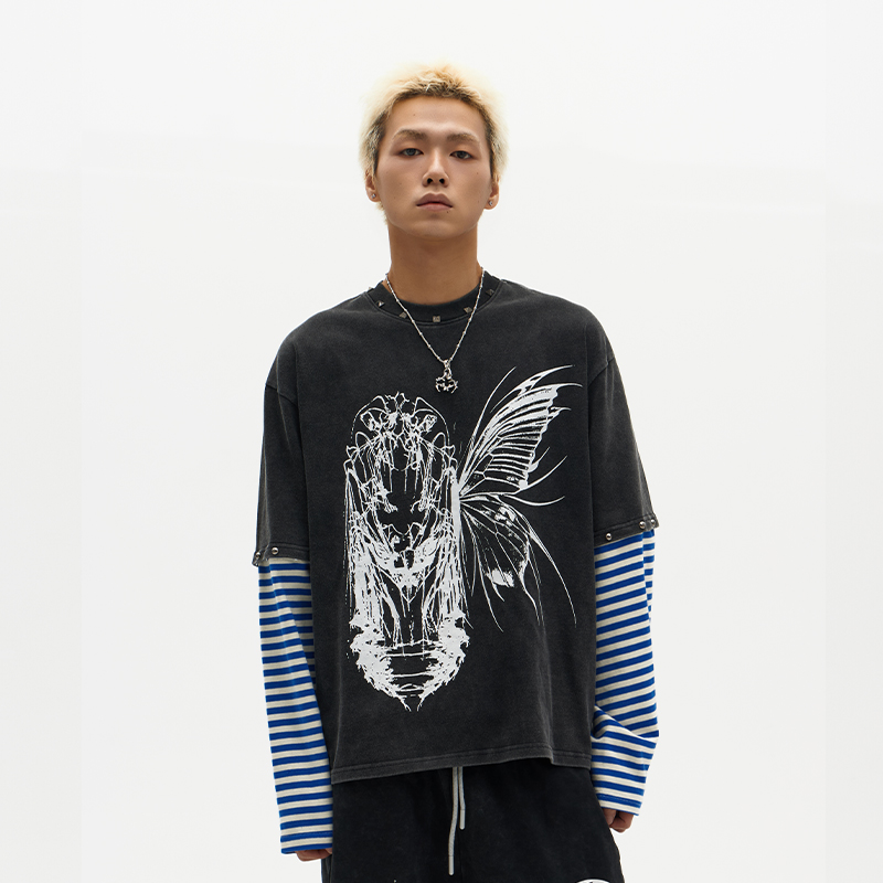 林秋楠同款ChaneyWondo阈限之蝶可拆卸假两件宽松圆领印花长袖