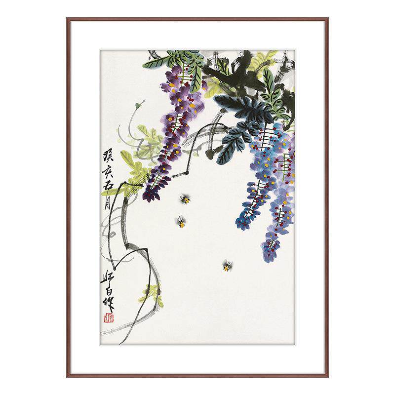 中国风水墨花鸟画纯手工装裱实木框画轻奢极简入户玄关画紫气东来
