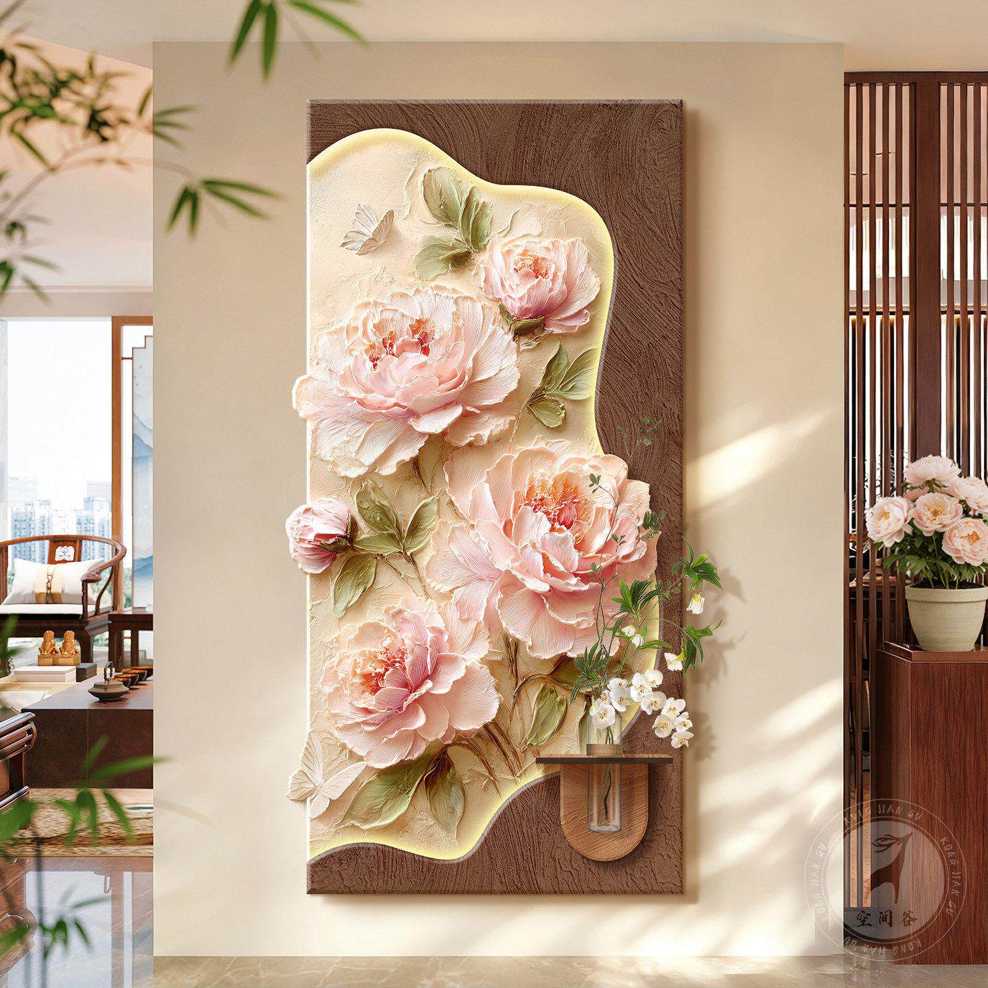 原木奶油风玄关装饰画入户水培绿植壁画灯中古风牡丹走廊过道挂画