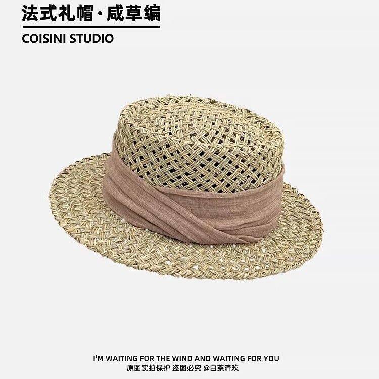天然咸草~编织平沿草帽女士夏季高级感田园法式海边沙滩巴拿马帽