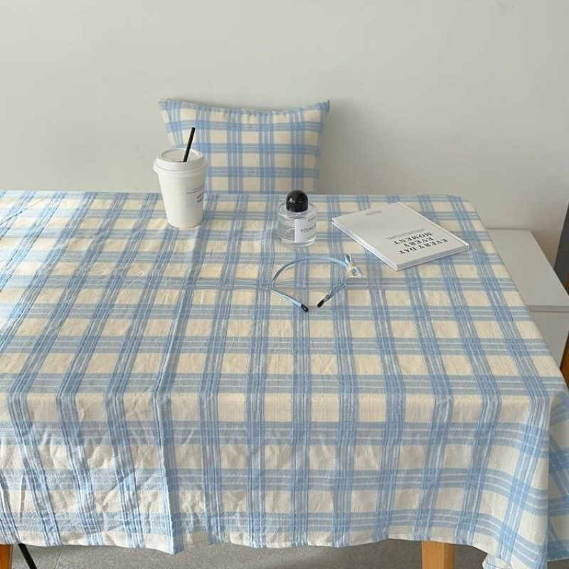 奶呼呼~奶蓝格纹桌布盖布餐桌书桌拍照背景布门帘茶几台布