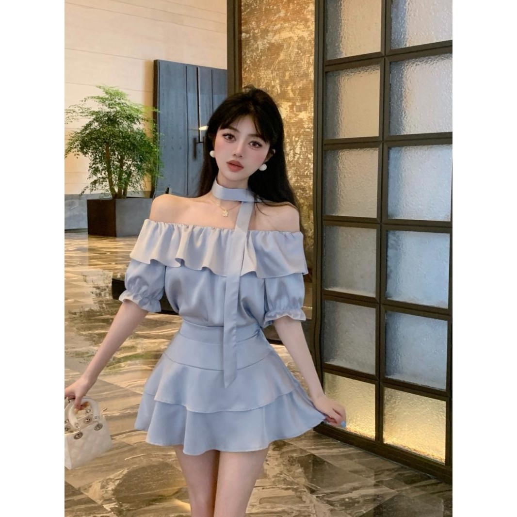 甜美名媛气质荷叶边露肩一字领上衣高腰短裙子纯欲两件套装女,女装/女士精品,大码套装,淘宝优惠券,粉丝福利购,淘宝优惠卷