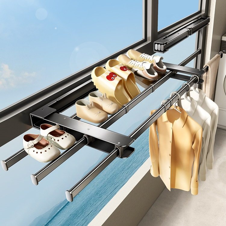 护栏衣架阳台晾鞋架窗晾衣神器晒鞋子防盗网支架折叠可伸缩置物架
