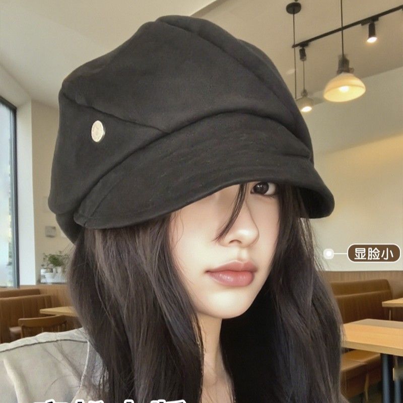 韩系褶皱黑色贝雷帽女款2025新款百搭文艺八角帽显脸小复古报童帽