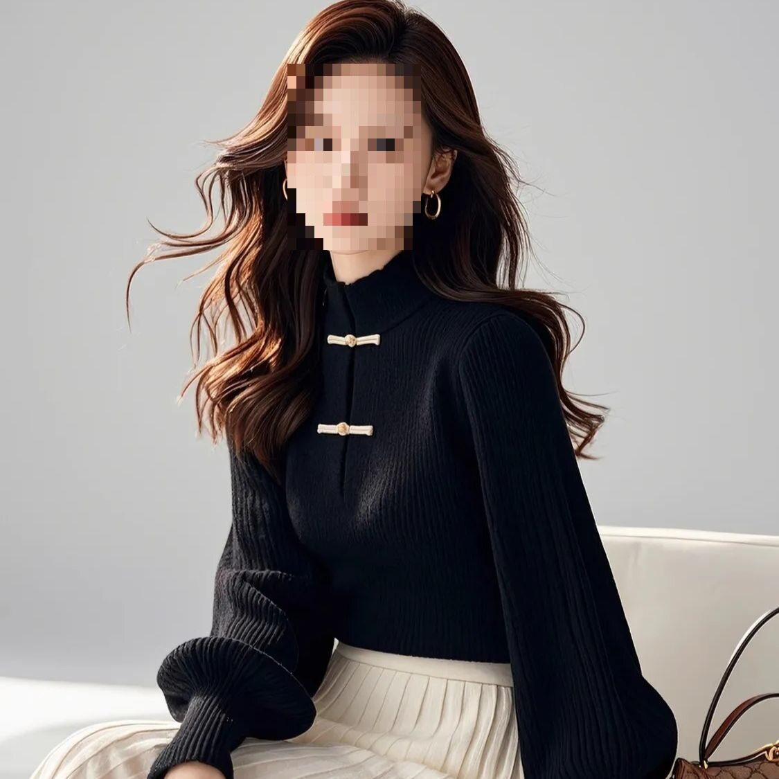 新中式风黑色灯笼袖盘扣毛衣女款2025新款冬季内搭打底针织上衣