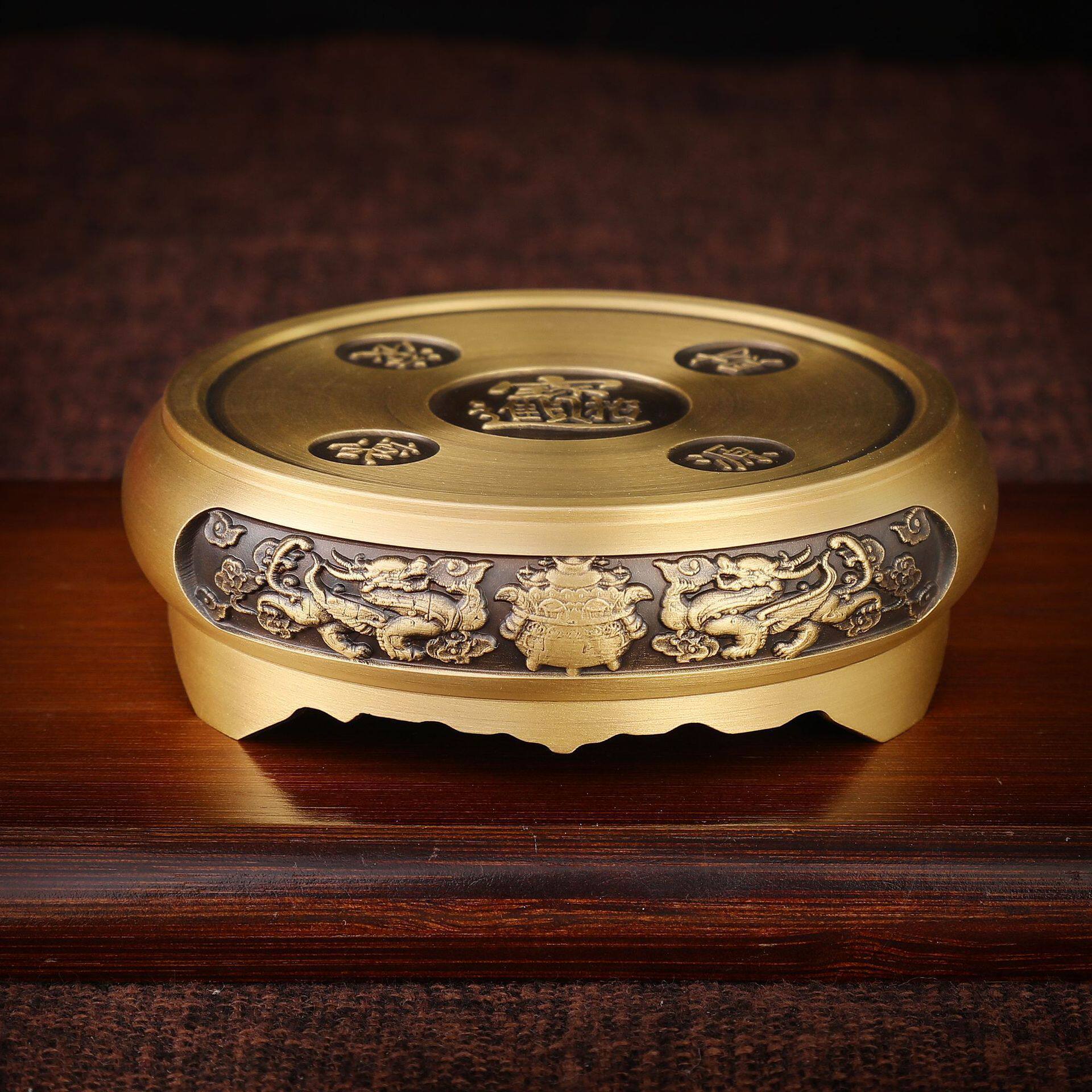 黄铜香炉山水底座麒麟底座莲花底座百福缸圆形中式复古摆件小铜器