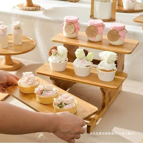 竹制蛋糕水果展示台下午茶提篮托盘木质甜品台多层甜品台甜品台架