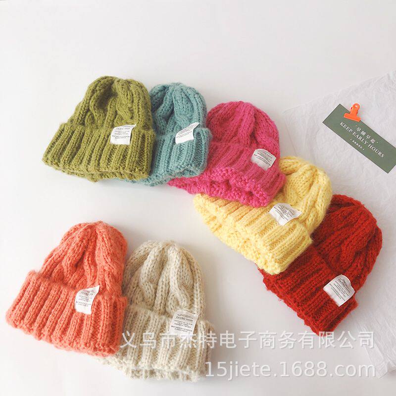 爆款韩国卷边毛线帽可爱保暖贴布设计纯色麻花纹路针织帽男女情侣