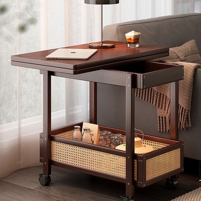 边几茶几可移动沙发边柜小户型折叠推车客厅置物架实木中古小桌子