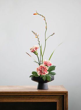 简约高足中式日式迷你陶瓷高脚盘插花器禅意茶席小碟子摆件