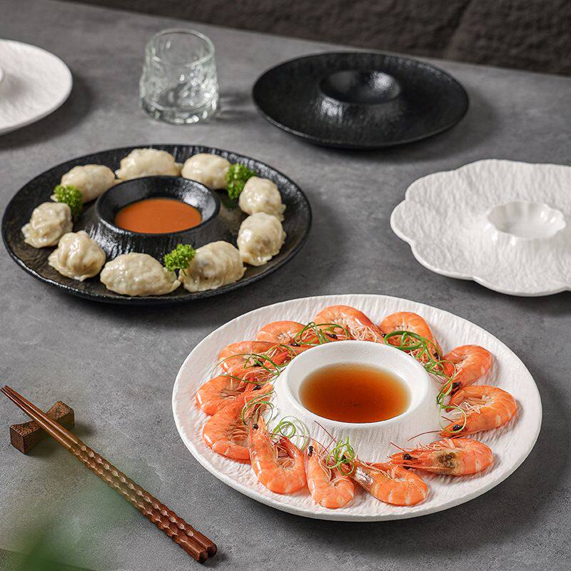 陶瓷饺子盘虾盘带蘸碟盘子商用高级圆盘酒店家用菜盘私房菜专用盘