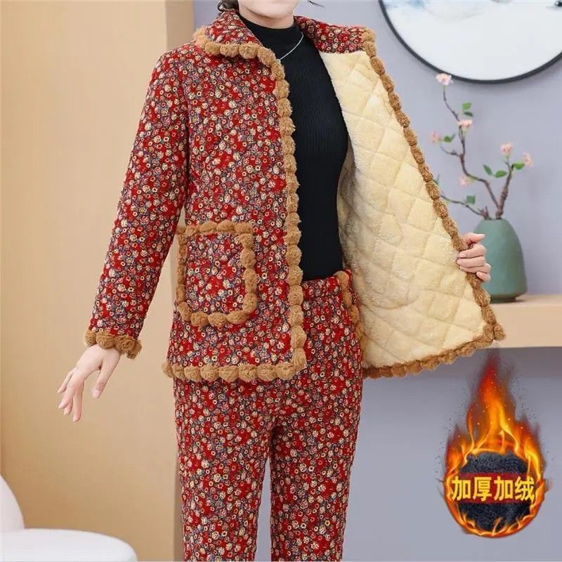 妈妈秋冬保暖棉衣套装加绒加厚三层夹棉一整套棉服奶奶居家户外服