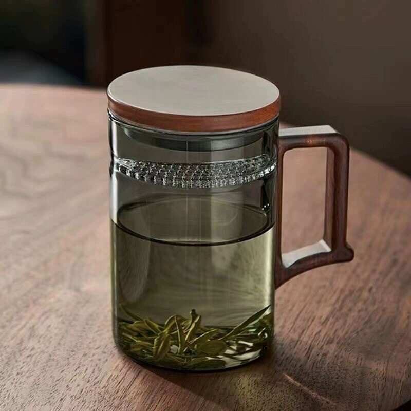 高颜值月牙过滤杯茶杯木把玻璃高硼硅耐热玻璃分离泡茶器办公室
