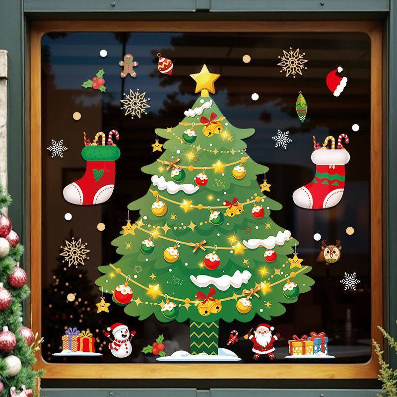 ぃ圣诞节装饰品静电贴圣诞老人树橱窗贴玻璃门贴纸窗户贴画场景布