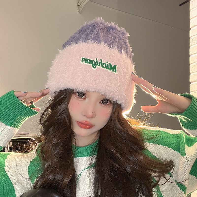秋冬季毛线帽女韩版时尚保暖防风冷帽户外骑行防寒保暖针织毛绒帽