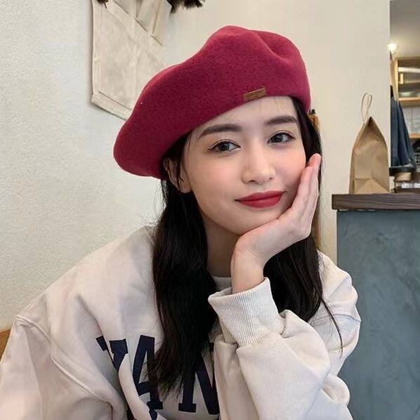石原同款秋冬经典羊毛呢贝雷帽女皮标ins英伦复古画家帽网红时尚