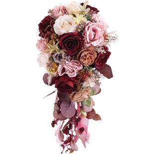 欧式婚礼新娘水滴瀑布手捧花仿真花婚庆花艺布置结婚拍照手拿花束