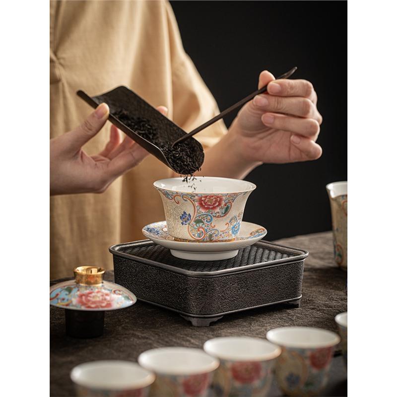 银掐丝珐琅彩盖碗茶杯泡茶器大号中式三才盖碗功夫茶具泡茶碗手工