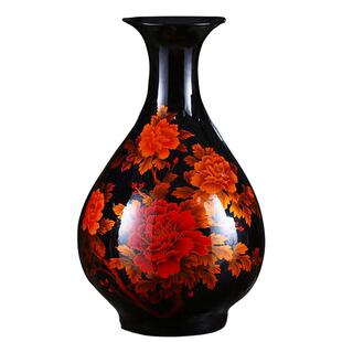 景德镇陶瓷花瓶水晶釉红色牡丹石榴瓶中式家居时尚装饰摆件