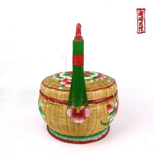 潮汕手工彩绘竹篮婚嫁花篮竹编篮子收纳蓝储物篮传统竹艺摆件民宿