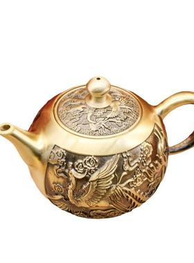 黄铜龙凤山水茶壶家居茶桌茶具纯铜摆件龙凤呈祥小茶壶会销礼品