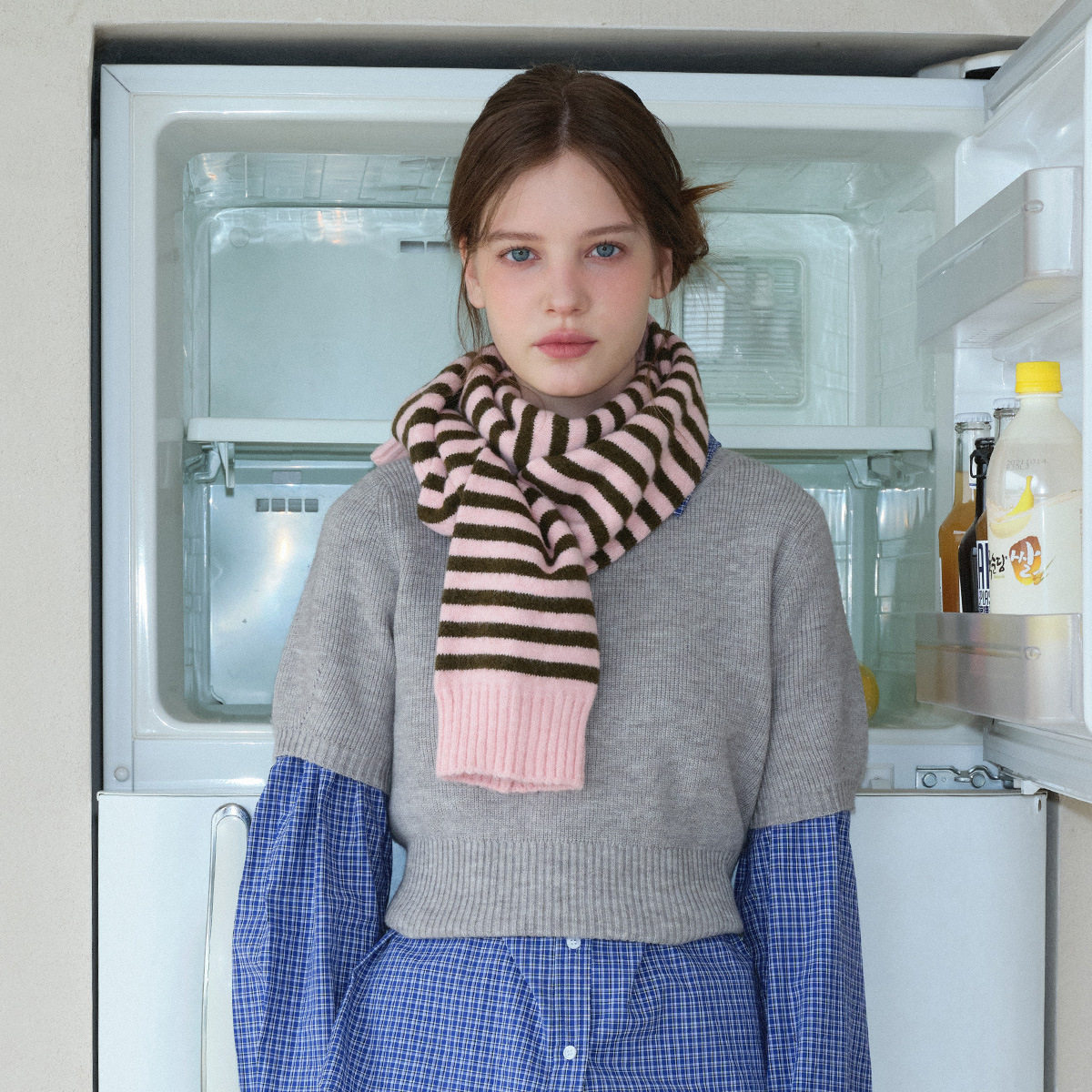 日本品质自制羊毛混纺双层拼接条纹针织围巾女秋冬季甜美柔软袖子