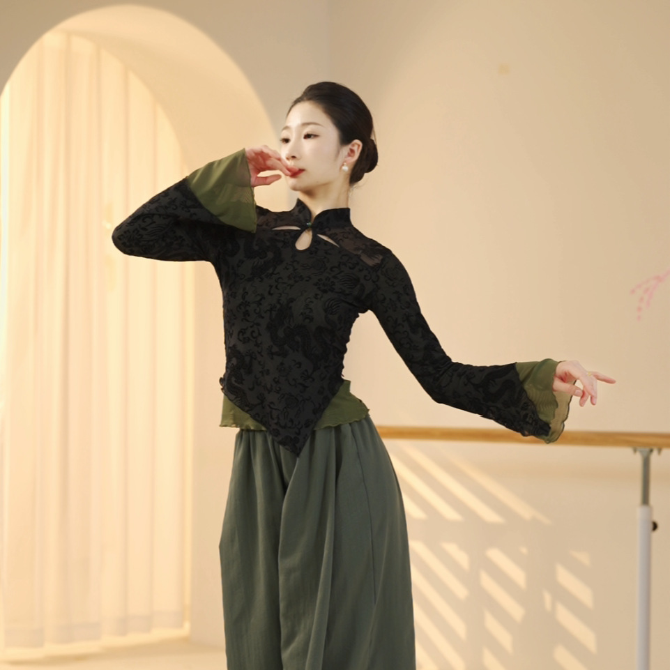 日本无印MUJIE古典舞服装飘逸纱衣舞蹈服上衣袍女长袖修身中式形