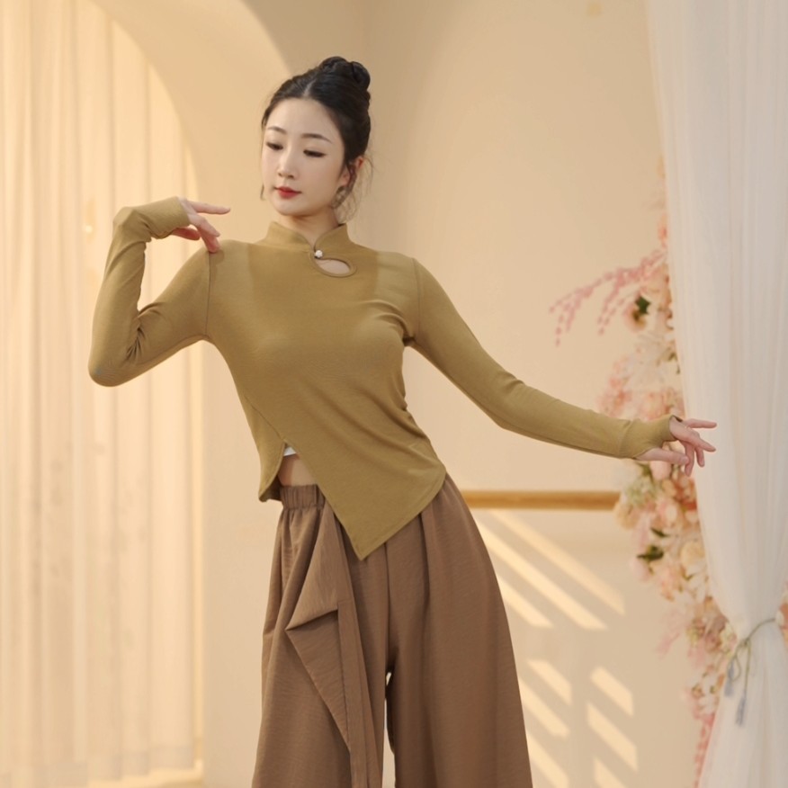 日本无印MUJIE舞蹈服古典舞服装新款成人女修身长袖指套练功服现