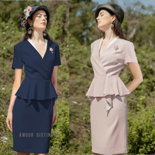 日本品质夏季 连衣裙遮肚子显瘦美容院工作服制服 短袖 V领撞色时尚