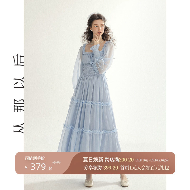 速发从那以后法式泡泡袖蛋糕裙方领裙子早春纱裙蓝色长裙连衣裙春