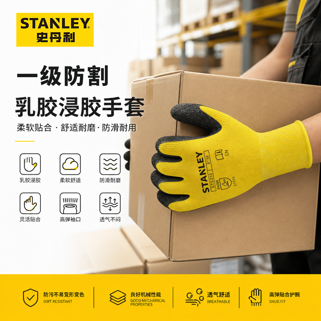 STANLEY史丹利浸胶乳胶劳保手套户外作业男士耐磨防滑防护手套